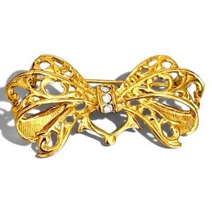 Vintage Gold Tone Openwork Filigree Bow Brooch Rhinestone Accent Pin